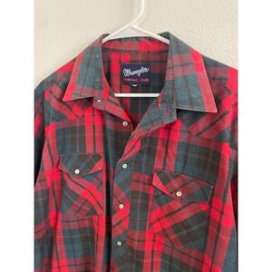 Wrangler Mens Size 17 1/2 Plaid Short Sleeve Western Snap Button Shirt Red Teal